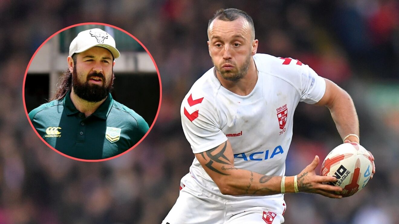 Josh Hodgson in action for England with the ball in hand passing right as he looks towards an image of Aaron Woods in a circle