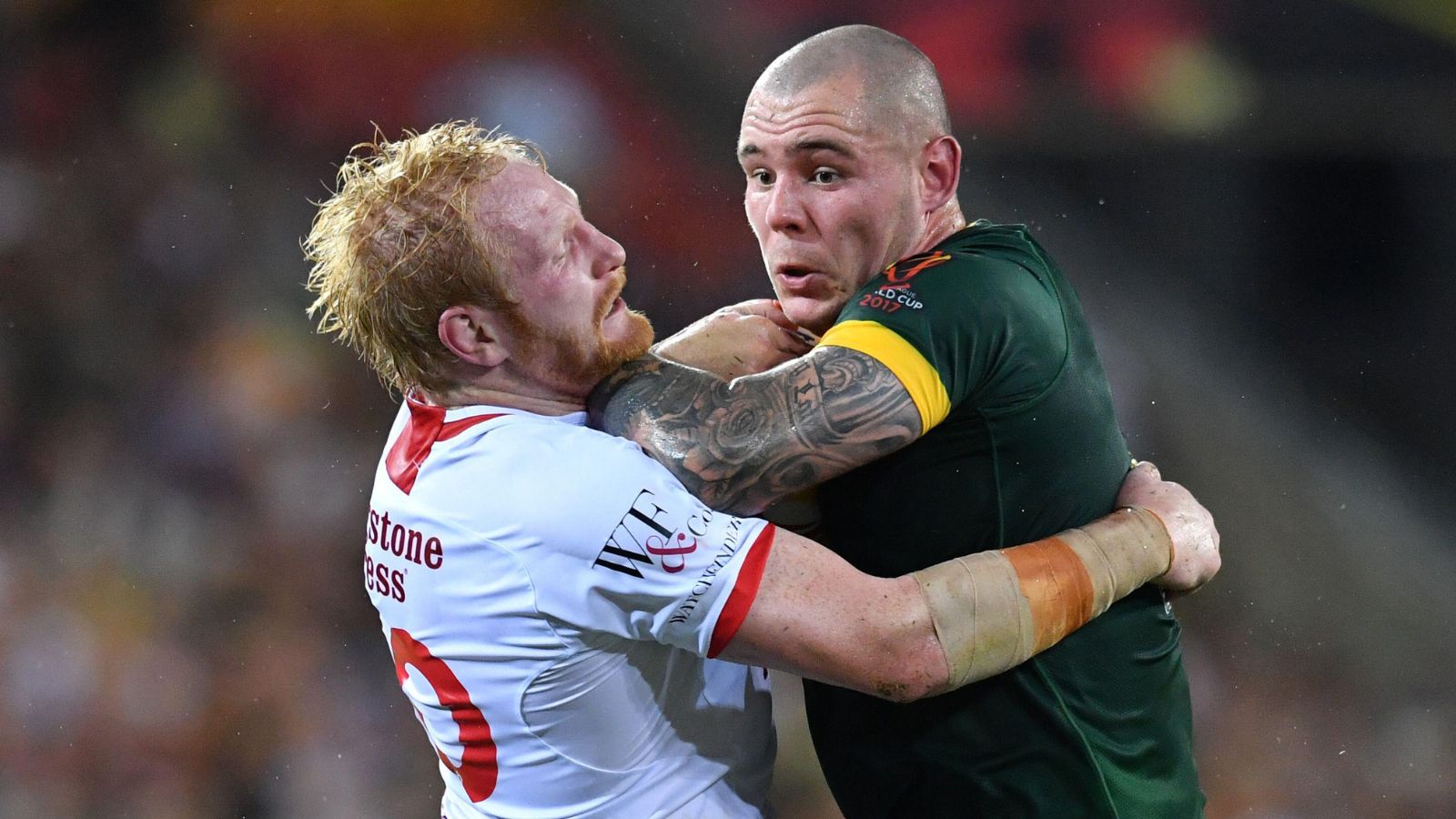 England's James Graham (left) tackles Australia's David Klemmer (right) during the 2017 Rugby League World Cup final