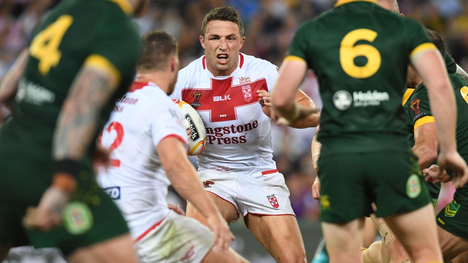 Sam Burgess in action for England in the 2017 Rugby League World Cup final against Australia