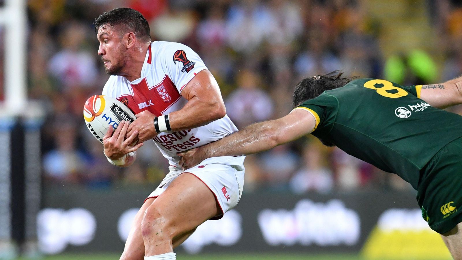 Chris Heighington in action for England in the 2017 Rugby League World Cup final against Australia