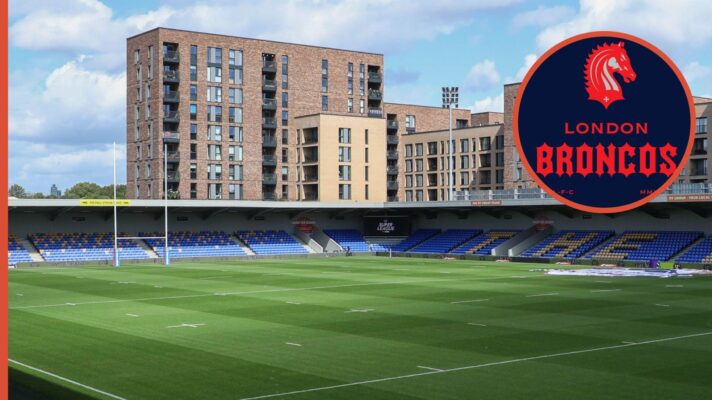 A general view of Plough Lane with an inset of the new London Broncos badge