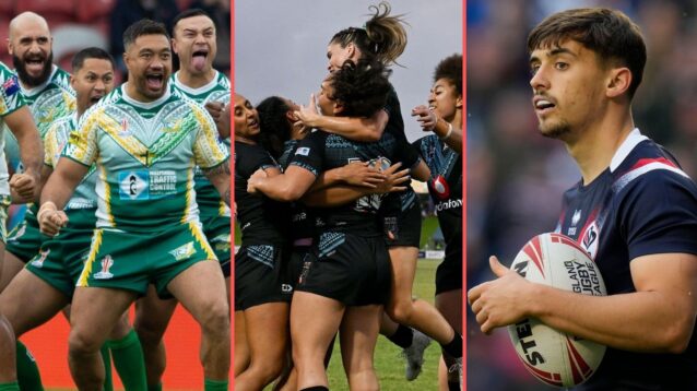 A three-panel graphic of the Cook Islands performing the Pe'e Haka, Fiji's women celebrating a try and Arthur Mourgue in action for France