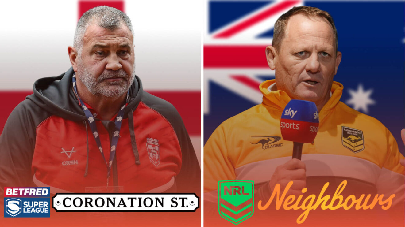 A split screen graphic of head coaches Shaun Wane and Kevin Walters with the flags of England and Australia as the backgrounds behind them respectively. The logos of Super League and Coronation Street are on Wane's side, with the logos of the NRL and Neighbours (TV show) on Walters' side, with a red glow across the bottom of the image