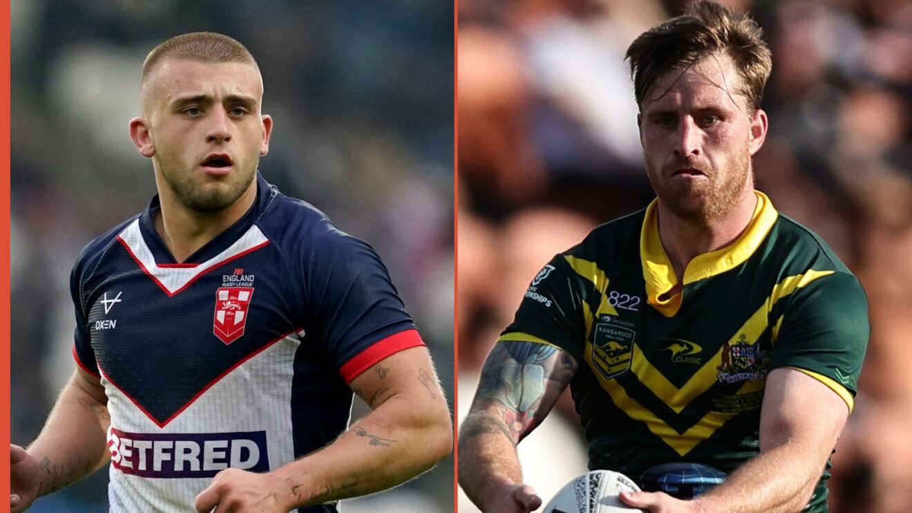 A two-panel image of Mikey Lewis and Cameron Munster in action for England and Australia respectively