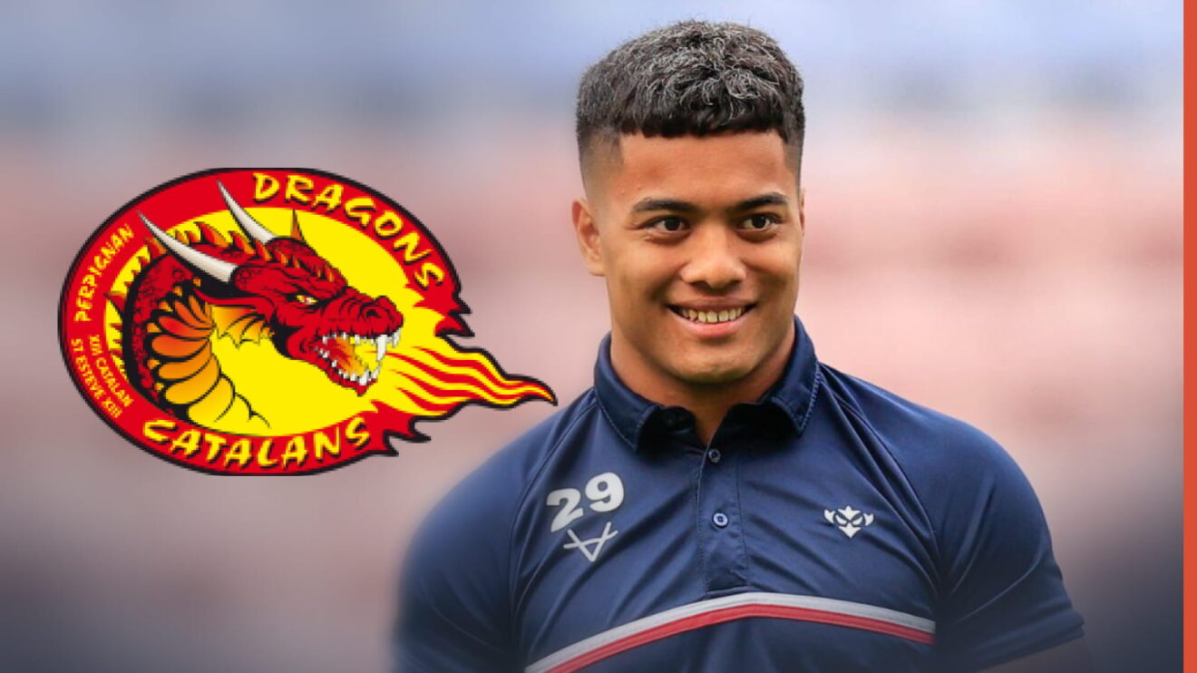 Phoenix Laulu-Togagae pictured ahead of a Hull KR game, with the Catalans Dragons badge shown to his left