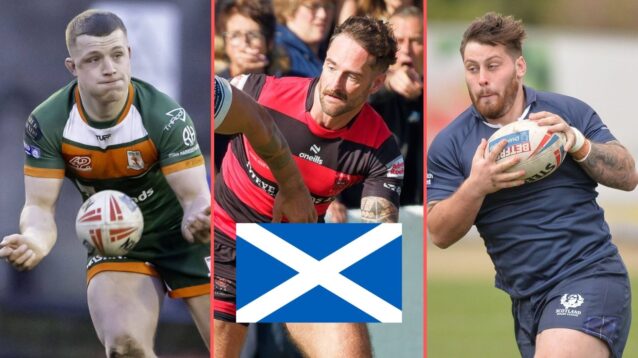 A three-panel image of Ross Whitmore, Brett Carter and Kieran Moran with a Scotland in the centre