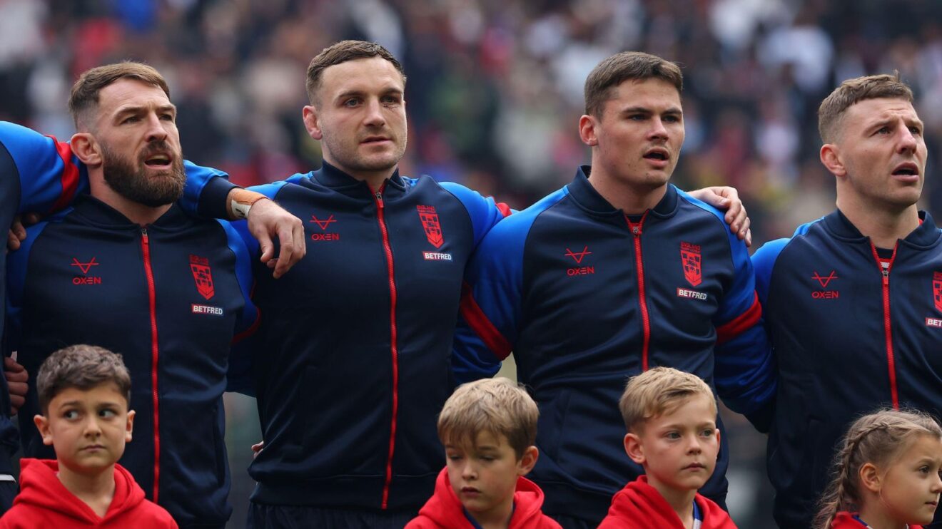 England players Daryl Clark, Matty Lees, Jack Welsby and George Williams sing the national anthem ahead of the opening Test of the 2025 Ashes Series against Australia at Wembley