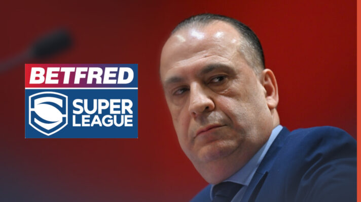 NRL supremo Peter V'landys with the Super League logo edited in to his left