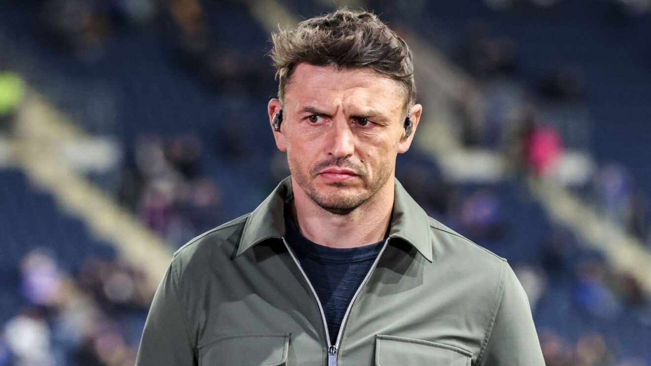 A close-up shot of pundit Jon Wilkin, pictured pitchside at Headingley