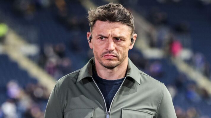 A close-up shot of pundit Jon Wilkin, pictured pitchside at Headingley