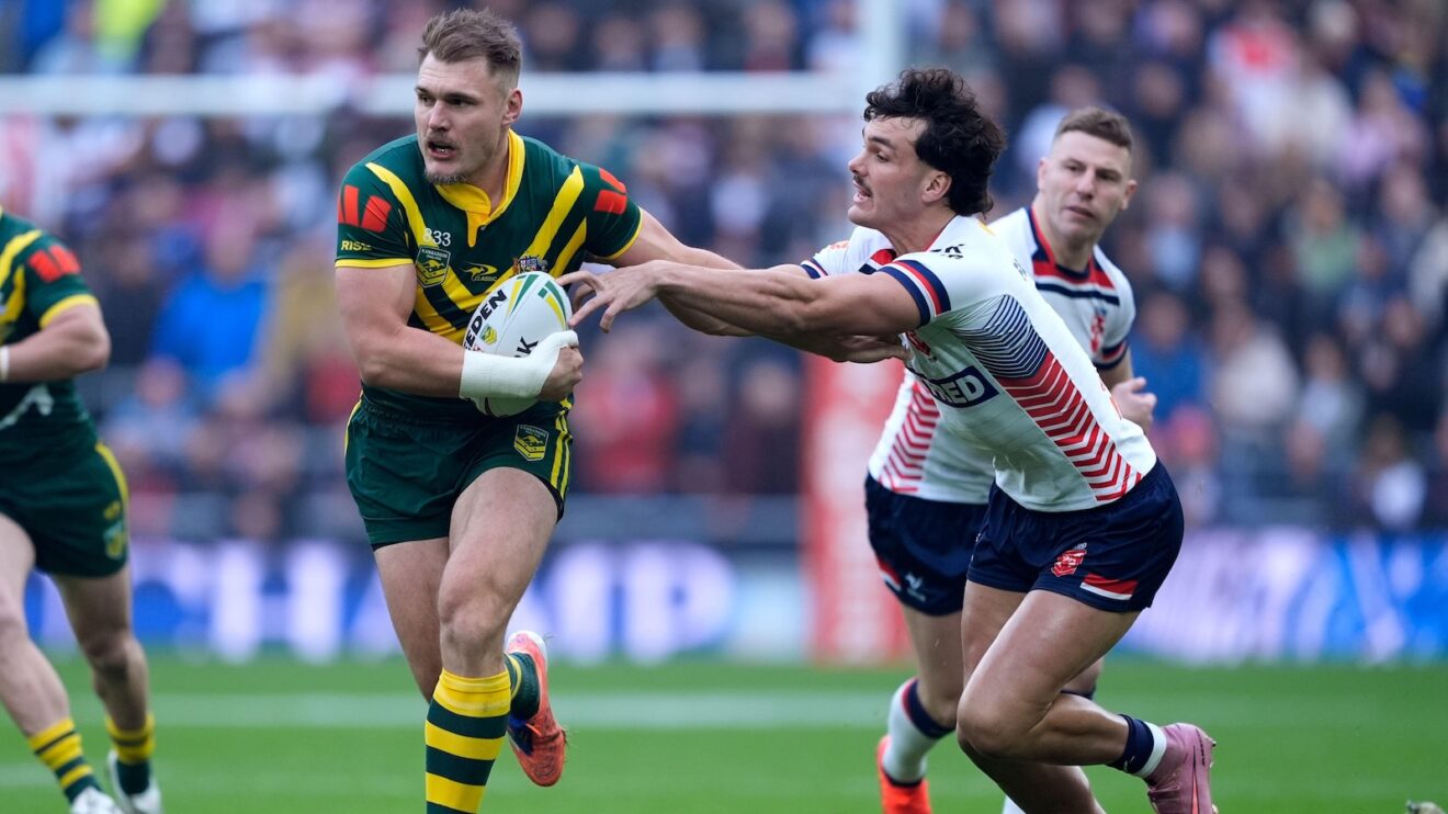Angus Crichton attempts to break for Australia in the second Ashes Test of the 2025 series between England and the Kangaroos