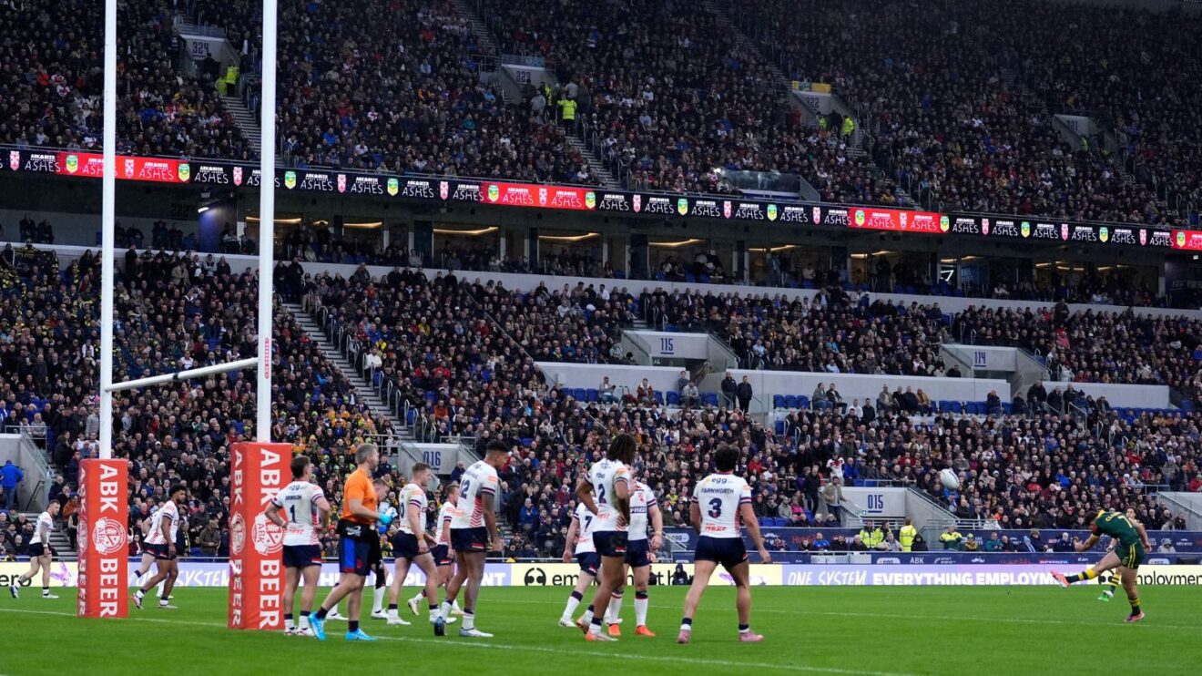 A general view of the Hill Dickinson Stadium as Nathan Cleary kicks a goal during the second Test of the 2025 Ashes Series between England and Australia