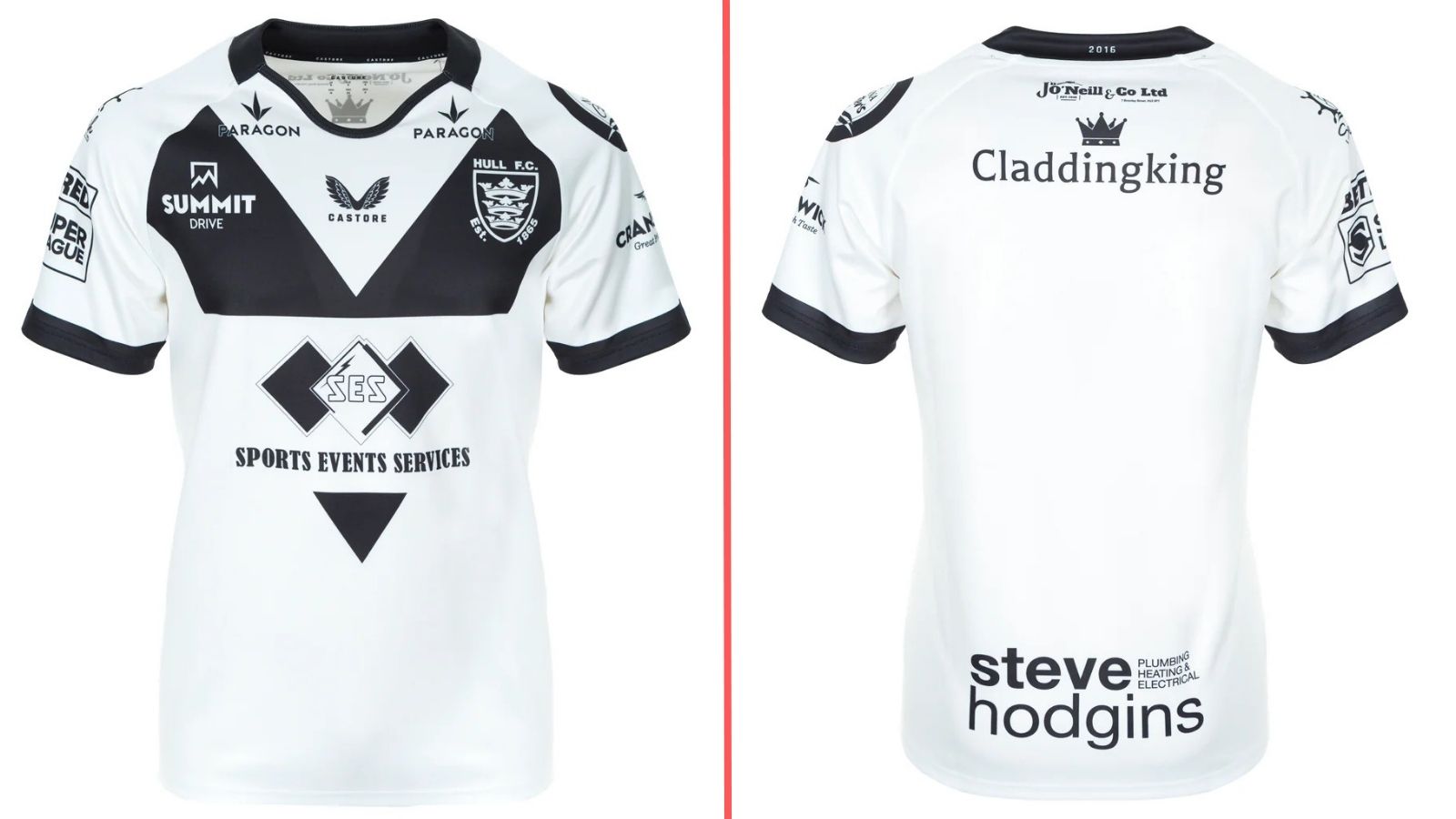 A split-screen of Hull FC's home kit for 2026, showing the front and back of the shirt