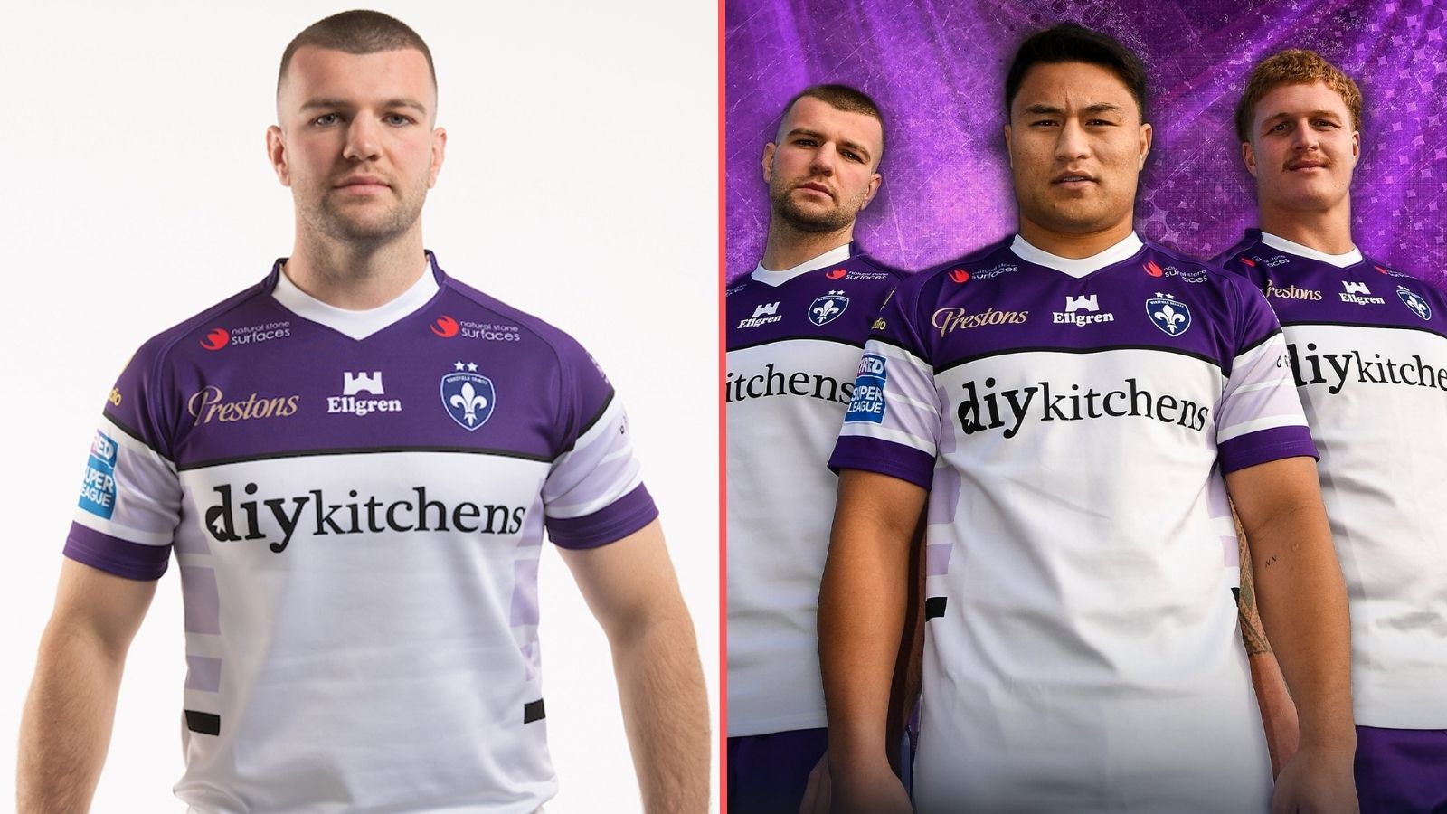A split-screen of Wakefield Trinity's away kit for 2026, with the shirt modelled by Max Jowitt alone on the left and Jowitt, Mason Lino and Caius Faatili on the right