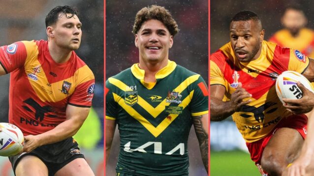 A three-panel image of Lachlan Lam, Reece Walsh and Edwin Ipape in action for their international sides