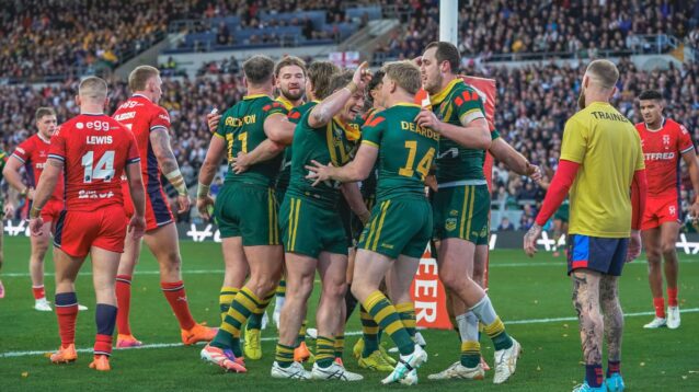 Australia celebrate a try during the third Ashes Test against England at Headingley in 2025