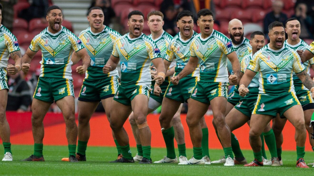The Cook Islands perform the Pe'e Haka ahead of a game during the delayed 2021 Rugby League World Cup