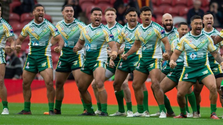 The Cook Islands perform the Pe'e Haka ahead of a game during the delayed 2021 Rugby League World Cup