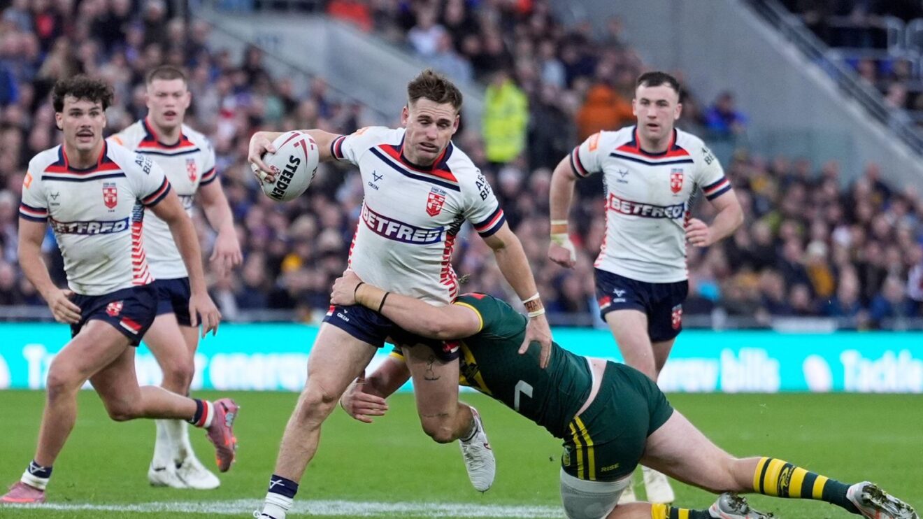 England full-back AJ Brimson carrying into contact in the 2025 Ashes series