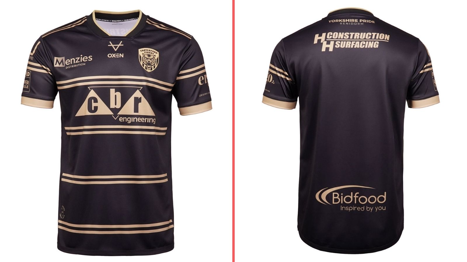 A split-screen of Castleford Tigers' alternate kit for 2026, showing the front and back of the shirt