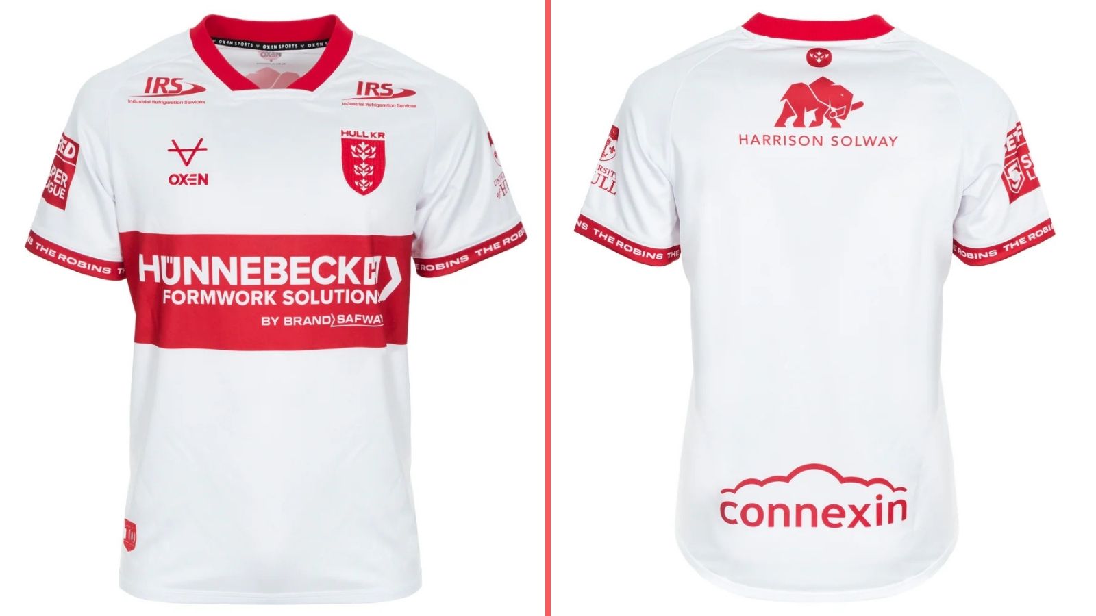 A split-screen of Hull KR's home kit for 2026, showing the front and back of the shirt