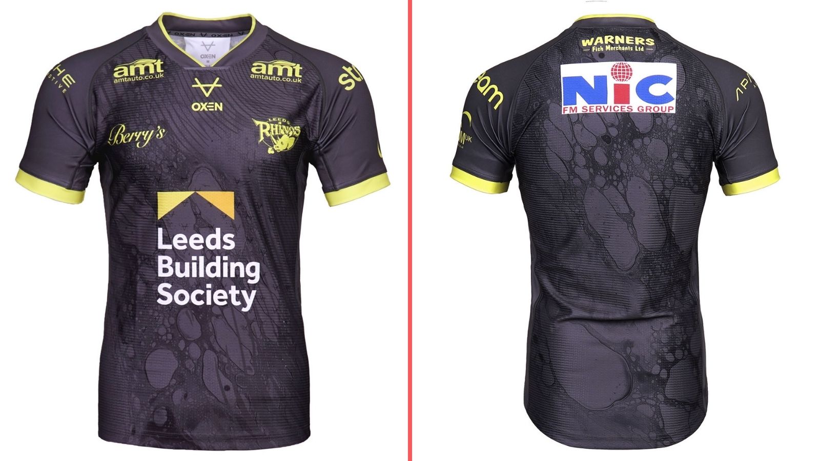 A split-screen of Leeds Rhinos' alternate kit for 2026, showing the front and back of the shirt