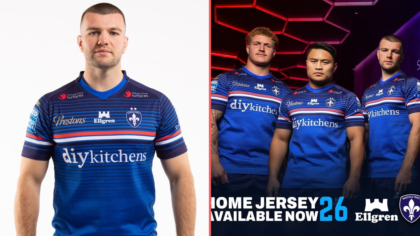A split-screen of Wakefield Trinity's home kit for 2026, with the shirt modelled by Max Jowitt alone on the left and Jowitt, Mason Lino and Caius Faatili on the right