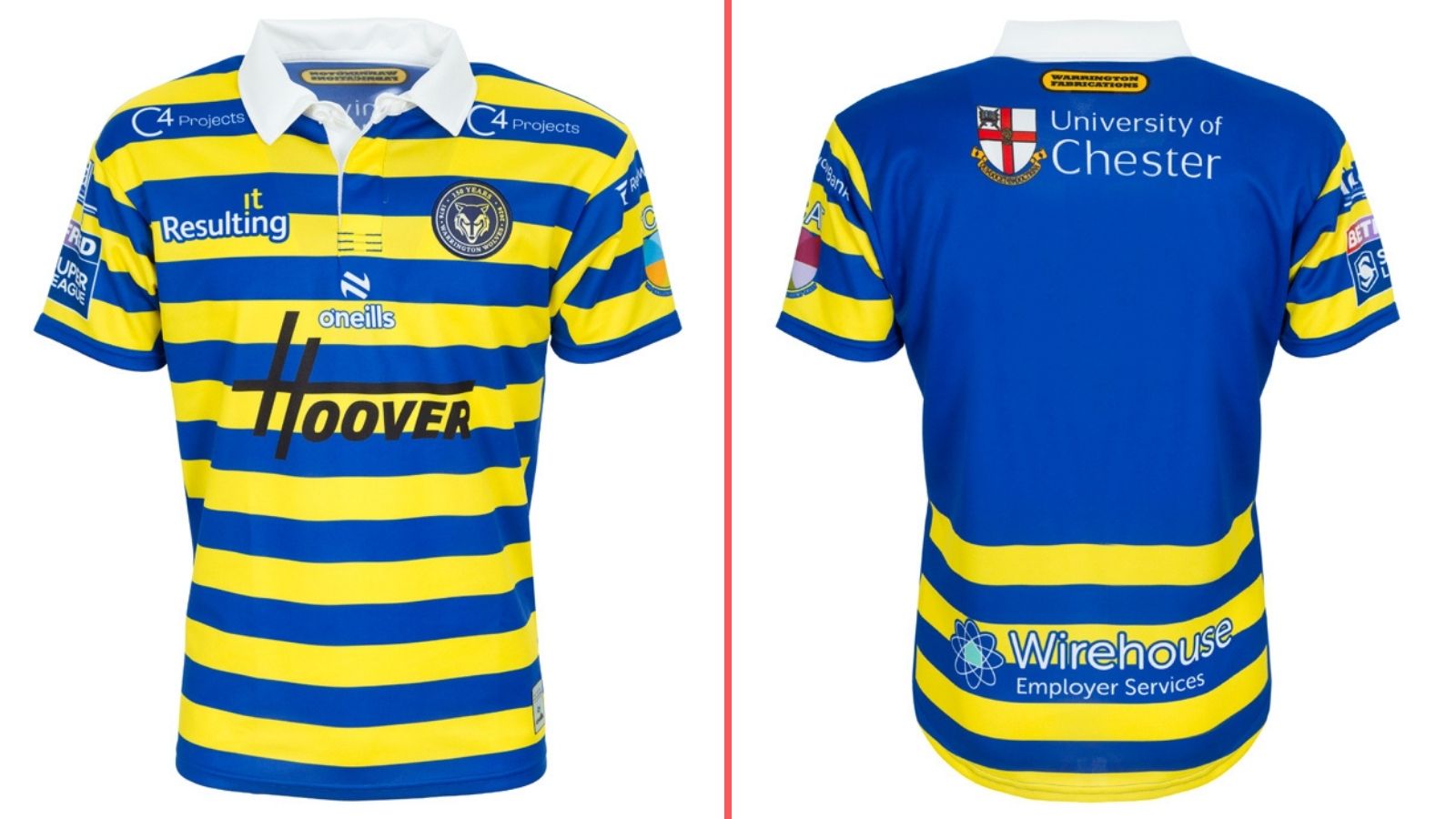 A split-screen of Warrington Wolves' home kit for 2026, showing the front and back of the shirt