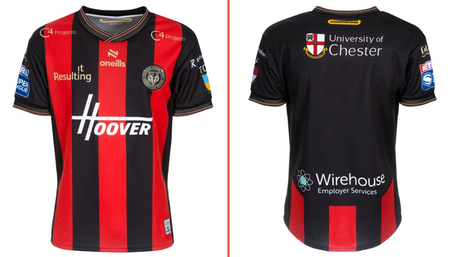 A split-screen of Warrington Wolves' away kit for 2026, showing the front and back of the shirt