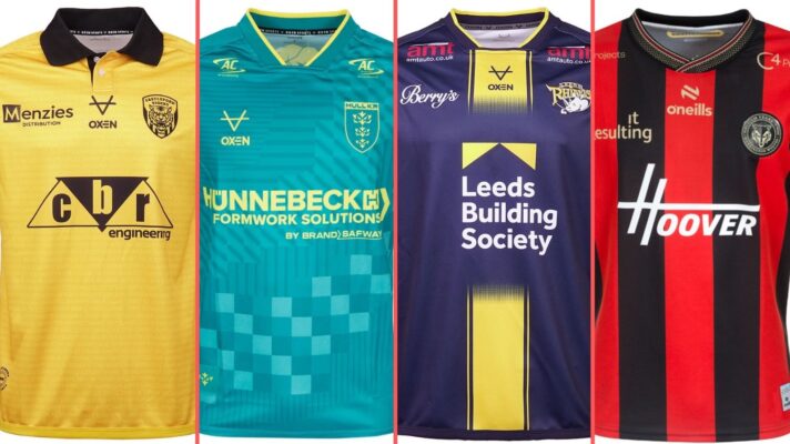 A four-image graphic of 2026 Super League kits: 2026 kits; From left to right: Castleford Tigers (home), Hull KR (alternate), Leeds Rhinos (home) and Warrington Wolves (away)