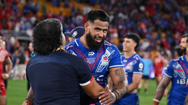 Payne Haas celebrating Samoa's win over Tonga