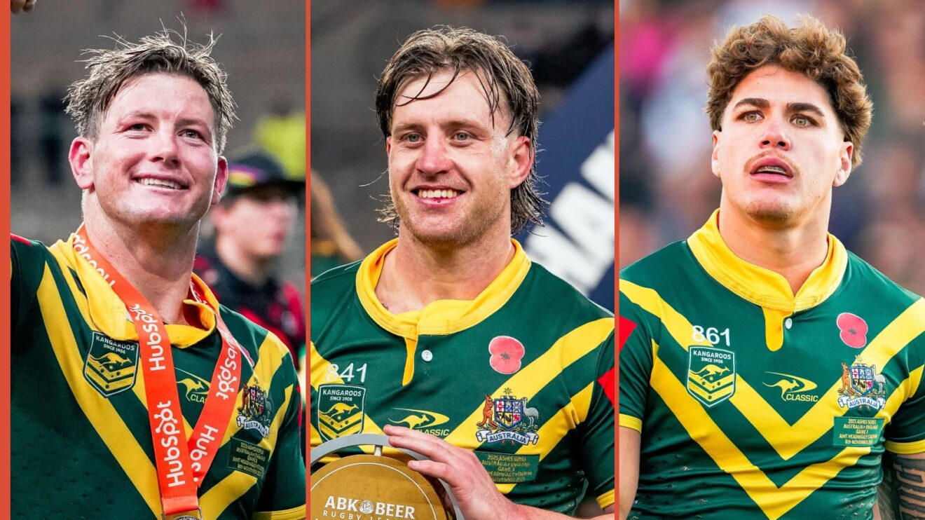 A three panel image of Harry Grant, Cameron Munster and Reece Walsh