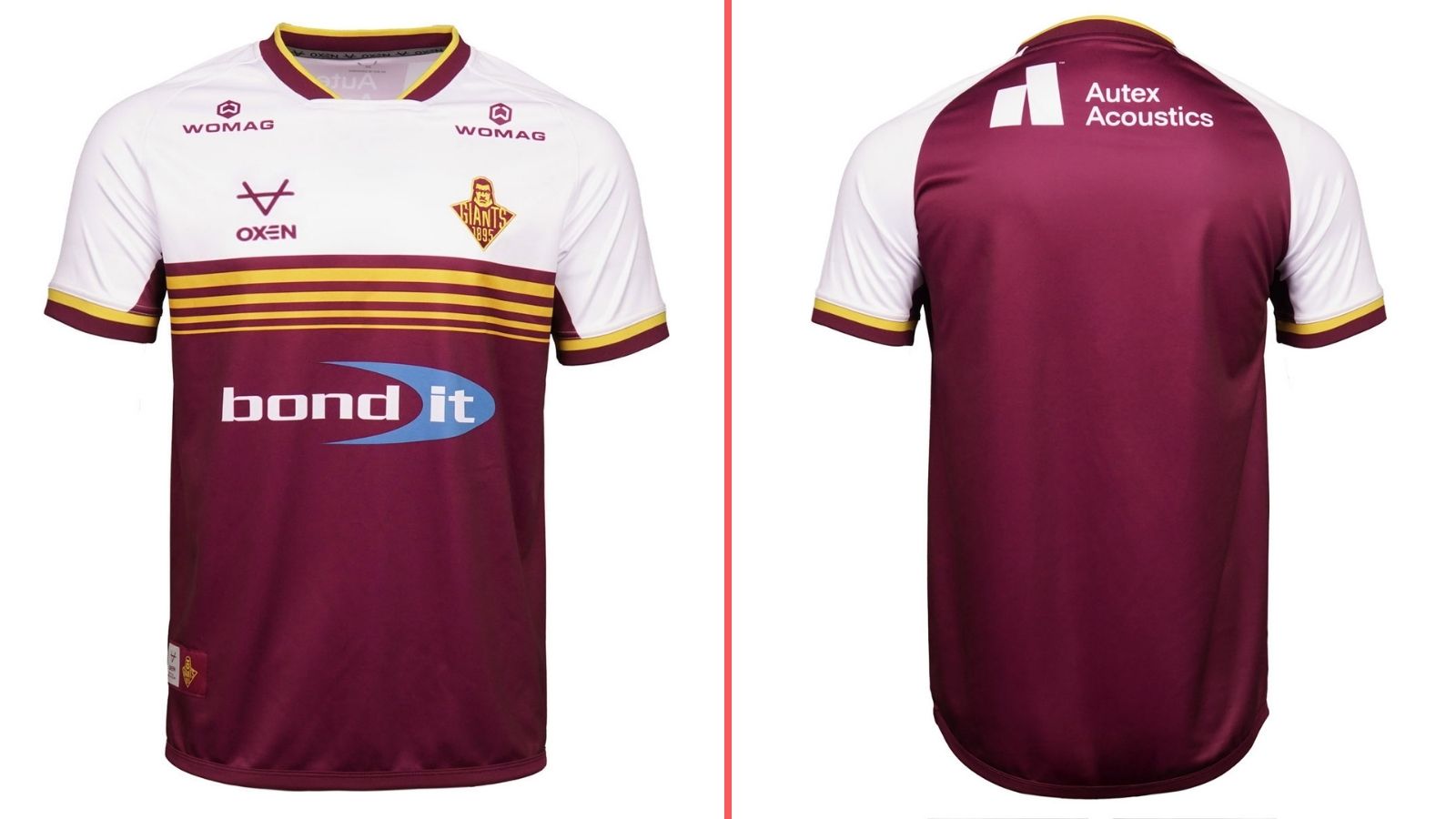 A split-screen of Huddersfield Giants' home kit for 2026, showing the front and back of the shirt