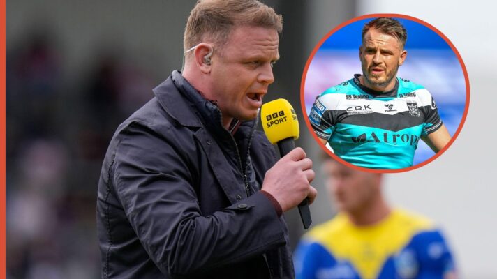 Kevin Brown working as a pundit for the BBC with Josh Reynolds pictured playing for Hull FC in a circle overlaying the main image