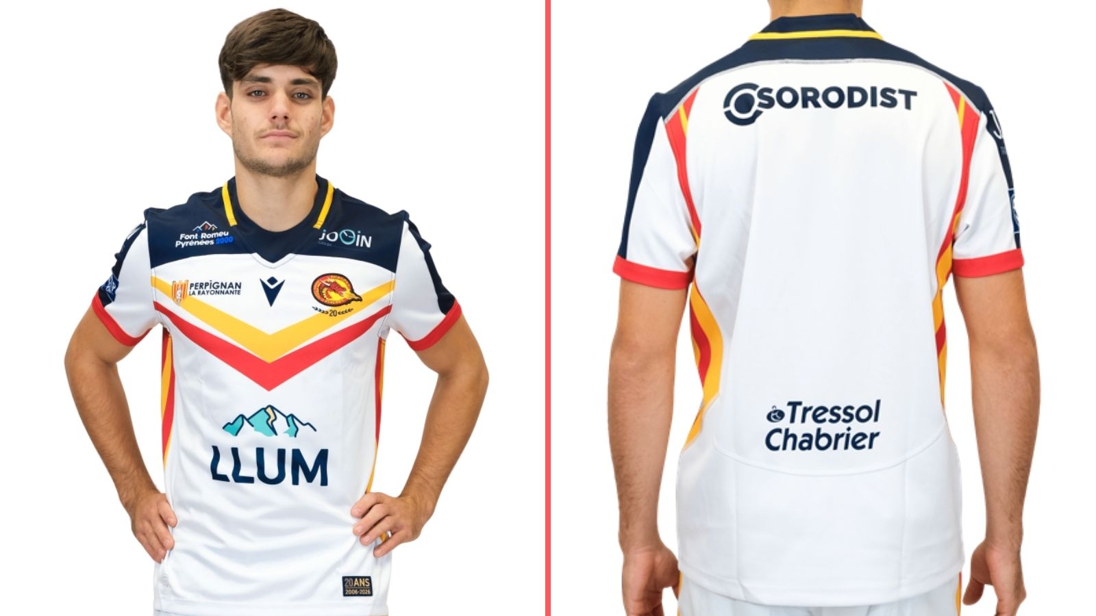 A split-screen of Catalans Dragons' home kit for 2026, showing the front and back of the shirt