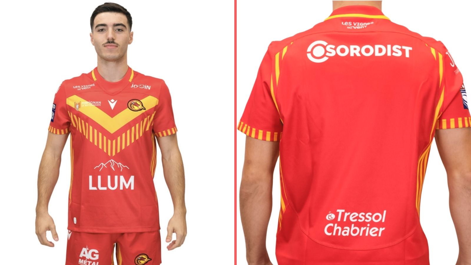 A split-screen of Catalans Dragons' away kit for 2026, showing the front and back of the shirt