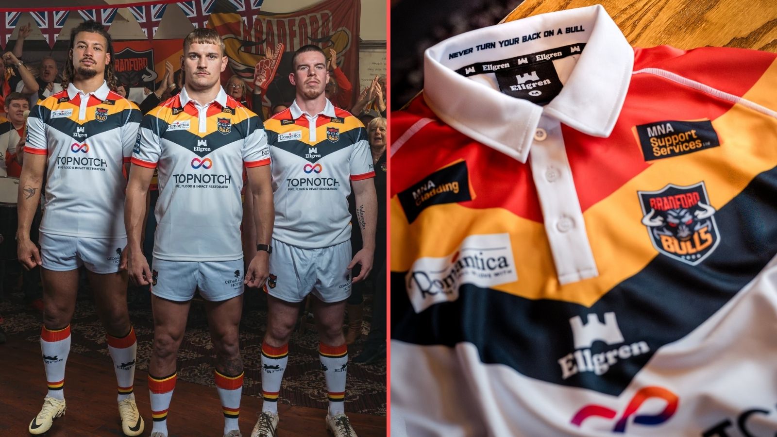 A split screen image showing Bradford Bulls' home kit for 2026, with three players modelling it in a pub with supporters in the background (left) and a close-up of the shirt itself laid out on a table in the same pub (right)