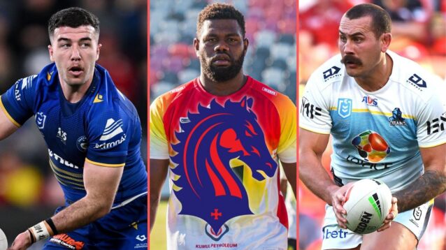 A three-way split screen image of Dean Hawkins, Epel Kapinias and Reagan Campbell-Gillard with the London Broncos badge shown centrally overlaying Kapinias' sternum