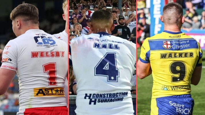 A three-panel image showing the backs of the shirts of St Helens' Jack Welsby (#1), Wakefield Trinity's Corey Hall (#4) and Warrington Wolves' Danny Walker (#9)