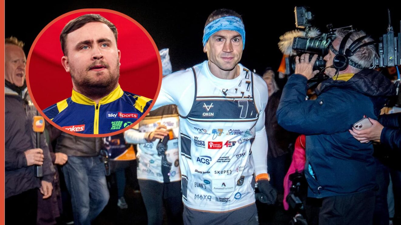 Kevin Sinfield pictured running during his '7 in 7 in 7' fundraiser for MND, with an image of darts superstar Luke Littler overlayed in a circle to the left