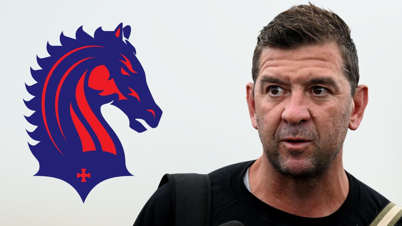 Jason Demetriou pictured with the London Broncos badge overlayed to the left of the image