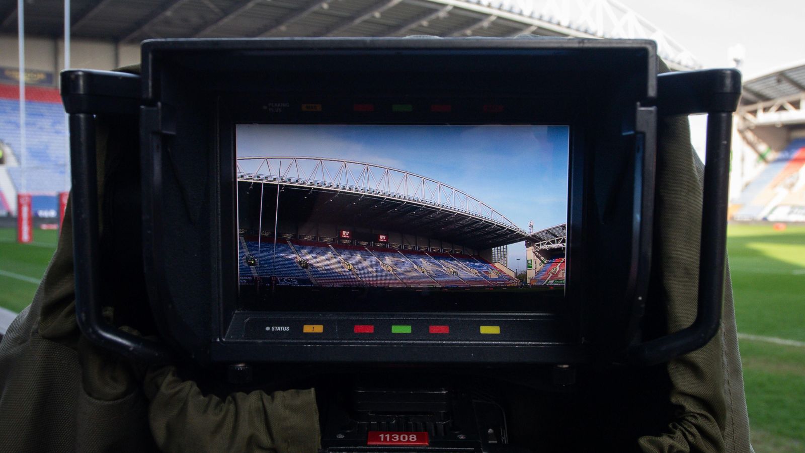 A picture of a broadcast camera taken ahead of a Super League game at The Brick Community Stadium