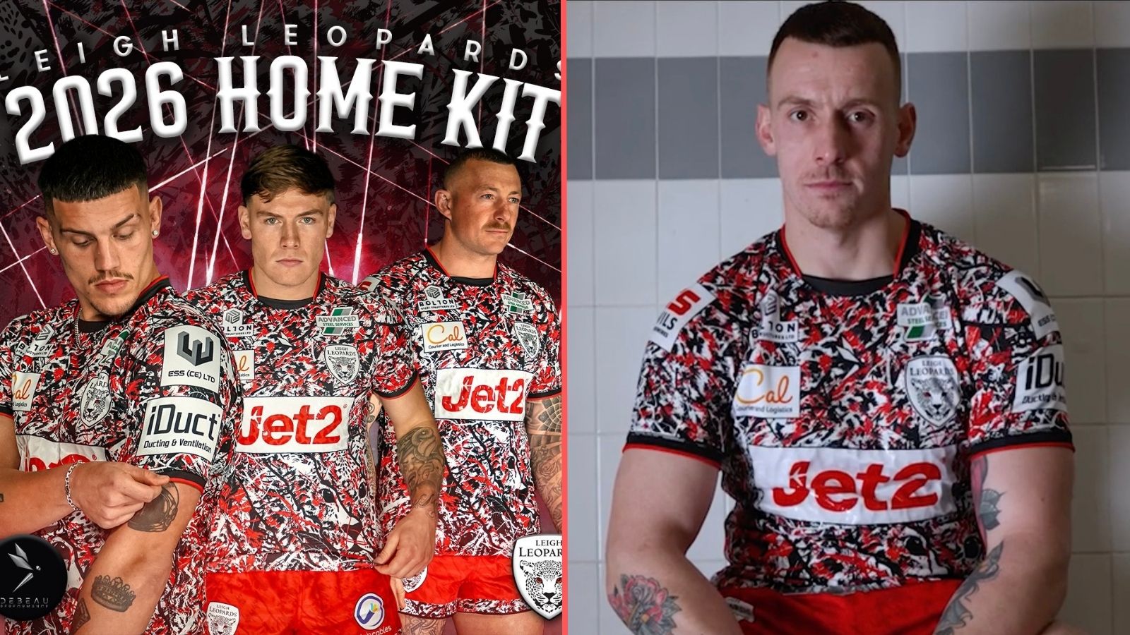 A split-screen of Leigh Leopards' home kit for 2026, with the shirt modelled by Owen Trout, Keanan Brand and Josh Charnley on the left and Frankie Halton alone on the right