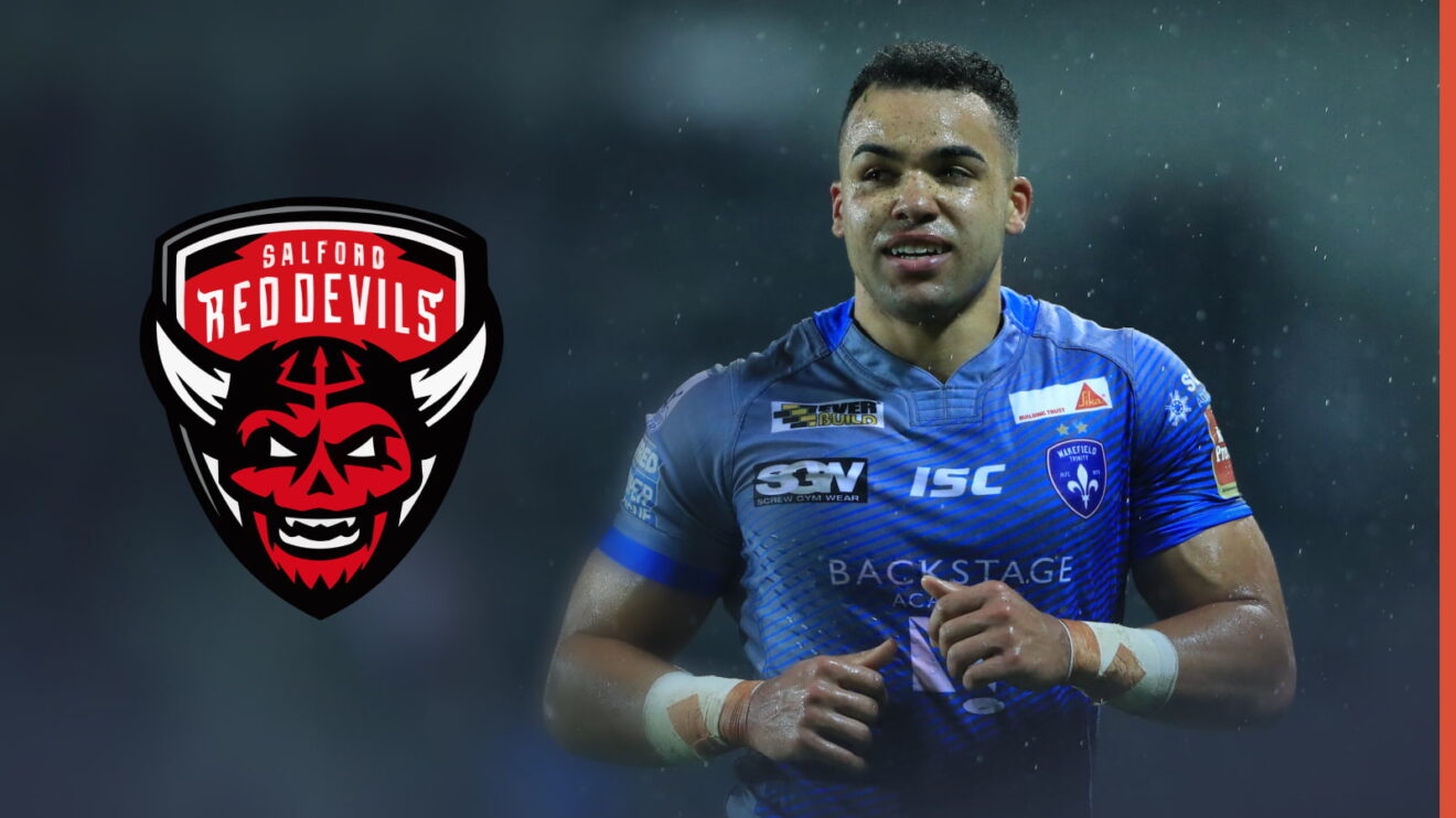 Mason Caton-Brown pictured during his time as a Wakefield Trinity player with the Salford Red Devils badge imposed to the left of the image