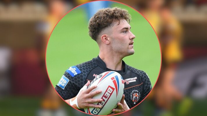 A blurred image of Castleford celebrating a try in 2025 with an image of Adam Rusling in action for the Tigers in 2021 overlayed in a large circle centrally