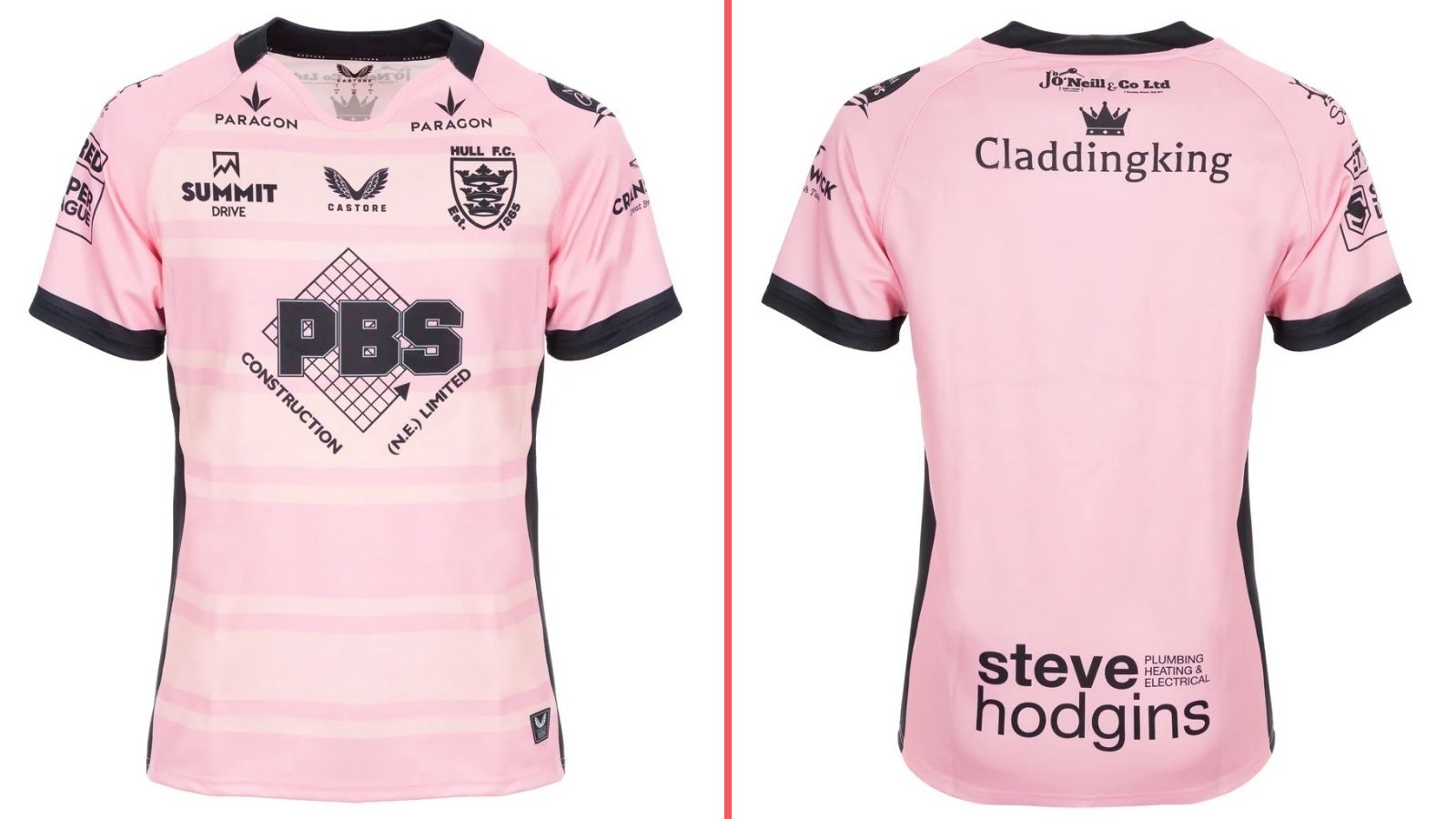 A split-screen of Hull FC's pink alternate kit for 2026, showing the front and back of the shirt