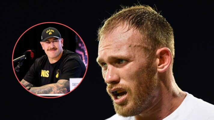 A close-up image of Matt Lodge's face during a game looking left towards an image of Nelson Asofa-Solomona at a boxing press conference overlayed in a circle