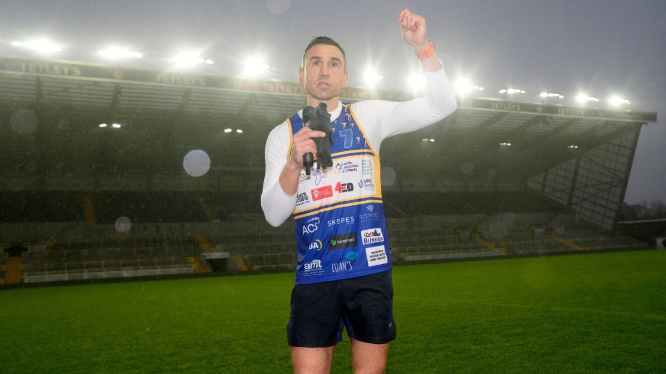 Kevin Sinfield addresses the crowd at Headingley after finishing his '7 in 7: Together' fundraising challenge in aid of the MND community in December 2025