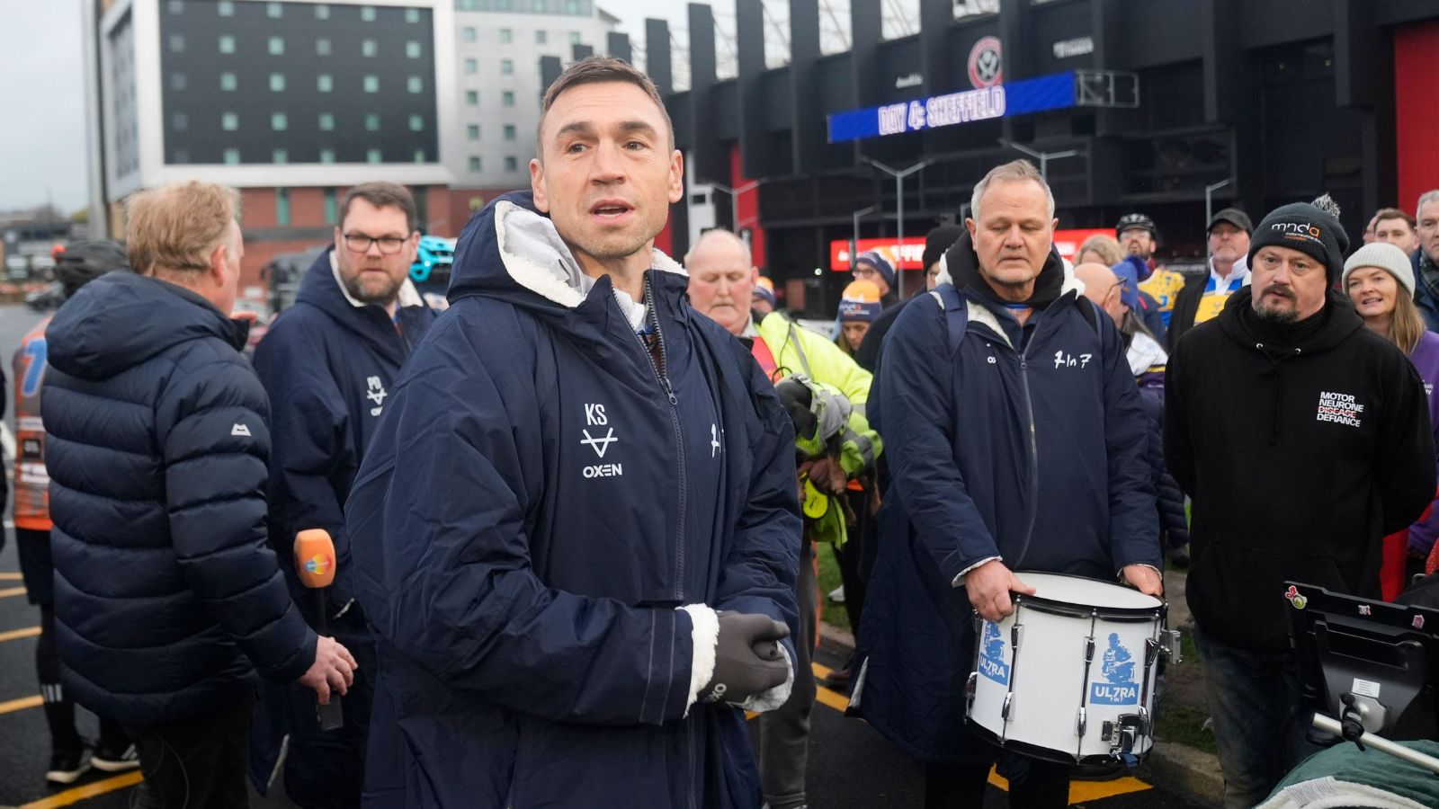 Kevin Sinfield speaks to the crowd at Sheffield United's Bramall Lane before the start of day four of his '7 in 7: Together' challenge in 2025
