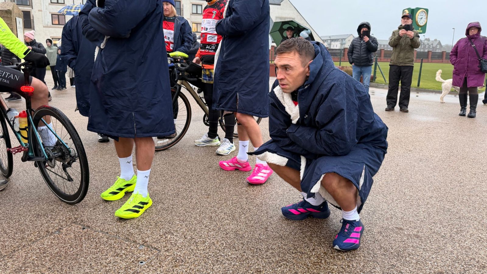 Kevin Sinfield hunches over as he prepares to commence day six of his '7 in 7: Together' challenge in Scotland in 2025